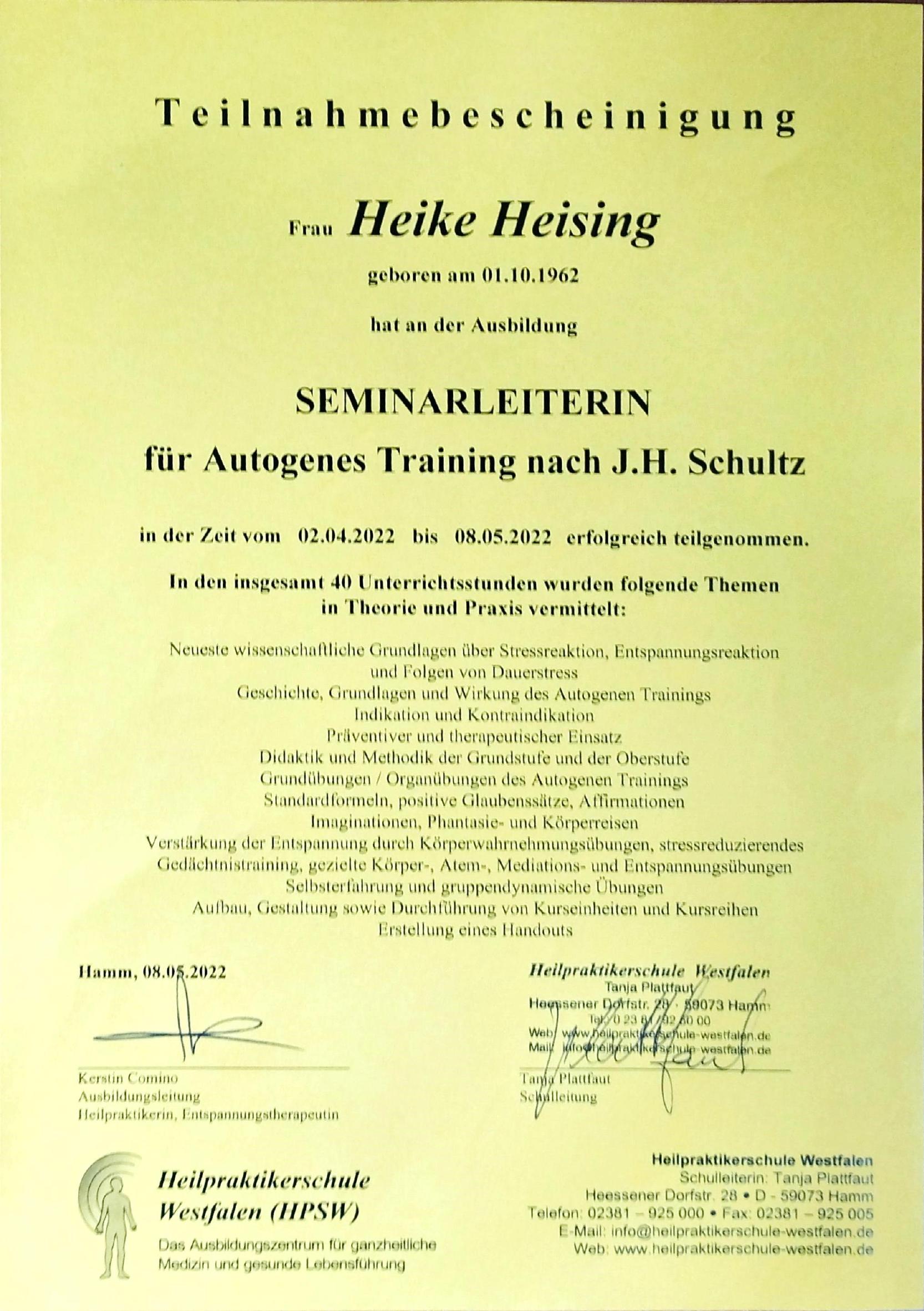 Seminarleiterin Autogenes Training n.J.H.Schultz